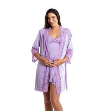 Imagem de Kit Camisola com Click Frontal Amamentação e Robe Luxo - Roupa De Dorm