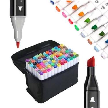 Imagem de Kit Canetas Marcador Permanente Ponta Dupla 100 Cores + Bolsa Tampas c