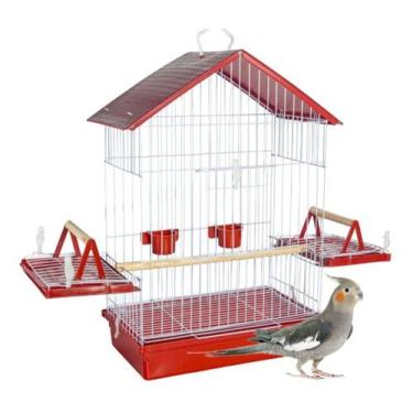 Imagem de Gaiola Viveiro Para Aves Pequenas Calopsita Teto Plástico Poleiro Com 