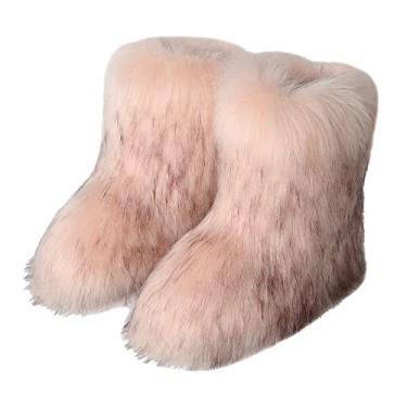 Imagem de TangDao Botas coloridas de pele sintética para mulheres, felpudo, felpudo, bico redondo, camurça, inverno, confortável, pelúcia, quente, curto, botas de neve, botas de cano médio para