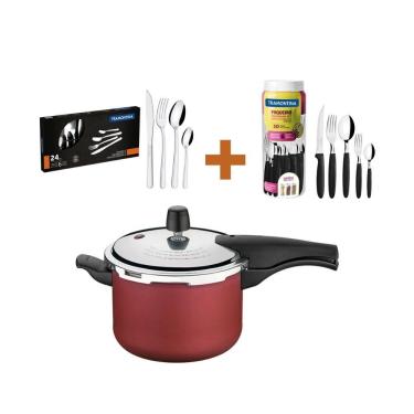 Imagem de KIT - Panela de Pressão 4,5L Vermelha + 1 Faqueiro 30pç + 1 Faqueiro Inox 24pç - Tramontina