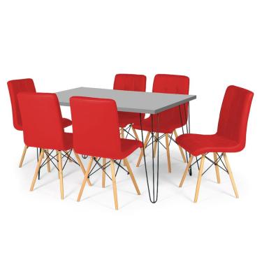 Imagem de Conjunto Mesa de Jantar Hairpin 130x80 Volpi com 6 Cadeiras Eiffel Gomos - Vermelho
