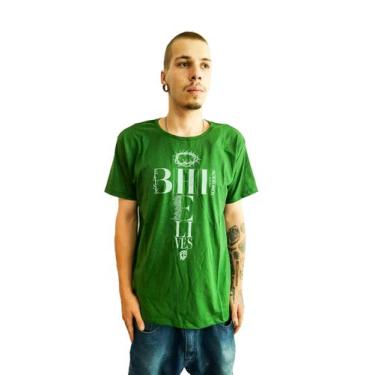 Imagem de Camiseta Masculina Verde Because He Lives Fé Cristã Coroa - Faith