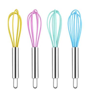Imagem de Pacote com 4 mini batedores de cozinha de silicone coloridos com alças de aço inoxidável para mistura de ovos de leite e batidas (4 cores, 15 cm)