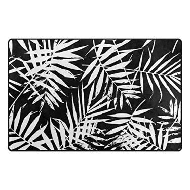 Imagem de ALAZA Tapete de área de folhas de palmeira preto e branco 50,8 cm x 78,7 cm, tapete para porta para sala de estar, quarto, cozinha, banheiro, tapete impresso de espuma leve