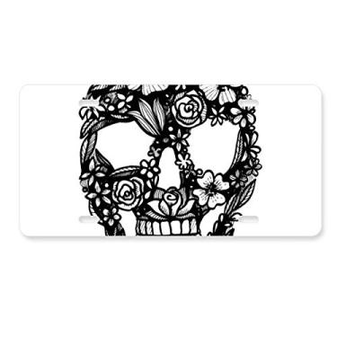 Imagem de DIYthinker Etiqueta de aço inoxidável para decoração de placa de licença com estampa de flores e folhas de esqueleto
