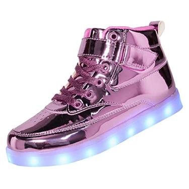 Imagem de Voovix Tênis infantil com iluminação LED, carregamento USB, cano alto, para meninos e meninas, unissex, Rosa espelhado, 11 Little Kid