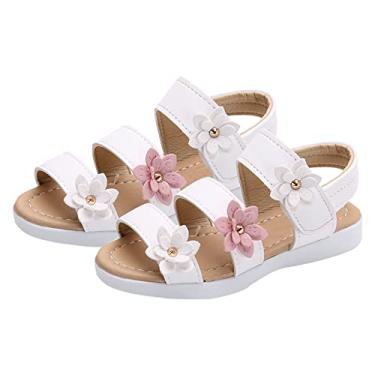Imagem de Sandálias infantis de verão moda grande flor meninas sapatos de preço plano meninas slides tamanho 3 (branco, 18-24 meses)