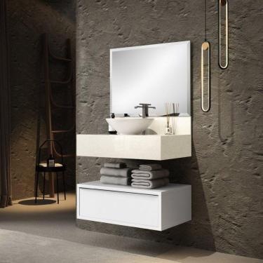 Imagem de Lavatório em Porcelanato para Banheiro com Cuba Esculpida Gabinete e Espelheira Bumi Rústico/Bianco