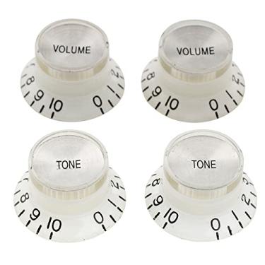 Imagem de Musiclily Pro Tamanho Métrico 18 Splines Reflector Knobs Guitarra Top Hat 2 Volume 2 Tone para Epiphone Estilo Les Paul SG, Branco com Topo Prata(4 Peças)