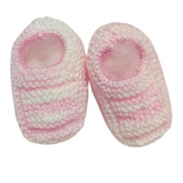Imagem de Sapatinho de Bebê de Tricô Rosa e Branco - 0 a 3 meses