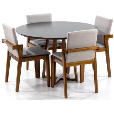 Imagem de Conjunto Mesa de Jantar Redonda Preta Lara Premium 120cm com 4 Cadeiras Estofadas Isabela - Bege