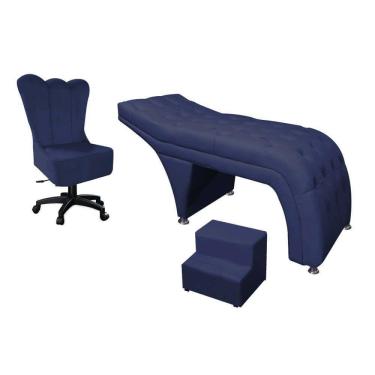 Imagem de Kit Maca Estética Com Cadeira Mocho Giratória E Escadinha Suede Azul Marinho - D House Decor