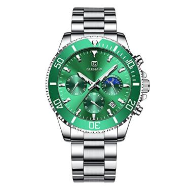 Imagem de GLENAW Relógios masculinos, cronógrafo, relógio de quartzo, pulseira de aço inoxidável, à prova d'água, relógio de pulso comercial para homens, A-Green