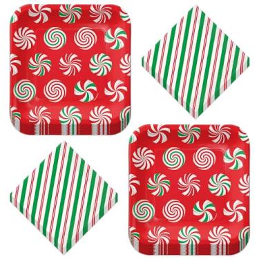 Imagem de Pratos de jantar e guardanapos de almoço de Natal vermelho e verde com espiral Hortelã (serve 16)