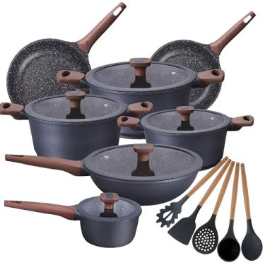 Imagem de Jogo de Panelas 12 Peças Titanium Exclusive Antiaderente Granito Bkza by MTA - Conjunto Com Wok Frigideiras Caçarolas Utensílios em Silicone e Panela - Ceramic Flon Marmorizado - Espessura 5mm