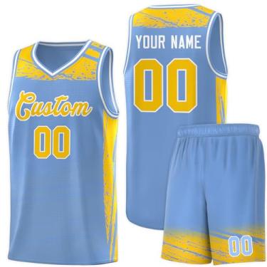 Imagem de Camisa masculina personalizada de basquete juvenil uniforme de treino uniforme impresso personalizado nome do time logotipo número, Azul claro e amarelo - 02, One Size