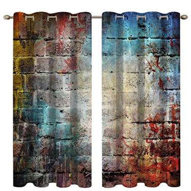 Imagem de Boyouth Cortinas blecaute de impressão digital com padrão de paredes de tijolo de grafite colorido, cortinas de isolamento térmico escurecimento de ambiente e cortinas com ilhós para sala de estar,