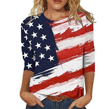 Imagem de Blusas femininas de manga 3/4 de comprimento juvenil gola canoa bandeira dos EUA ajuste solto camiseta longa tie dye verão outono 2024, W-037 azul-marinho, XG