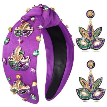 Imagem de mokkia Mardi Gras Headbands for Women Beaded Mask Crwon Knotted Headband Jeweled Carnival Headband Fat Tuesday Hair Accessories Gift (Mardi Gras C)