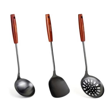 Imagem de FJNATINH Espátula e concha Wok, conjunto de ferramentas de concha de escumadeira, espátula de 43 cm para wok, espátula Wok de aço inoxidável 304, preta