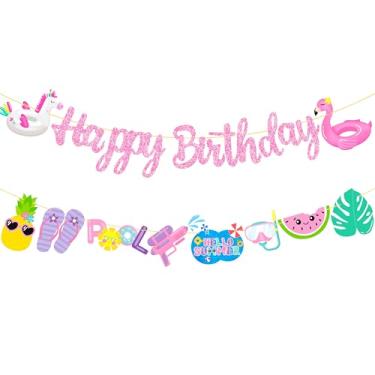 Imagem de Banners de festa de aniversário para piscina, 2 peças, faixas recortadas para festa na piscina, glitter, rosa, Havaí, guirlandas de festa na piscina, decorações de chá de bebê, olá verão suprimentos