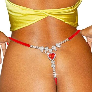 Imagem de Calcinha de verão com pingente de coração vermelho com strass na cintura, corrente de cristal, calcinha fio dental Rave, tanga de strass, biquíni, corrente de cintura de cristal para festa feminina,