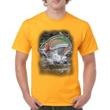 Imagem de Camiseta Jumping Rainbow Trout Freshwater Fish Fly Fishing Lover Fisherman Angler Lure Nature Relax Chill Camiseta masculina, Amarelo, 5G