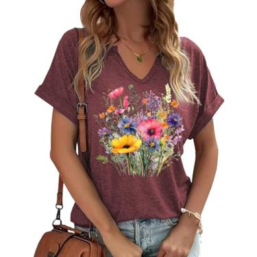 Imagem de Camiseta feminina Boho floral gola V verão vintage flores estampadas colorido flores silvestres casual casual camiseta botânica, Vermelho - 10, G