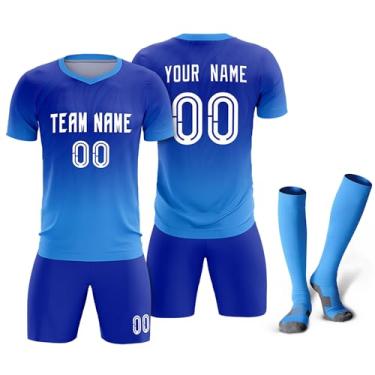 Imagem de Camisetas de futebol personalizadas com logotipo de número de nome masculino feminino infantil camisas de futebol personalizadas uniformes de equipe camiseta juvenil, Azul royal/azul-claro7, One Size