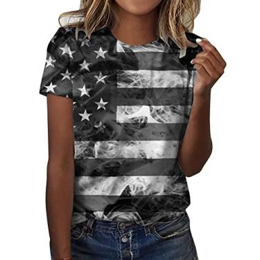 Imagem de Camiseta feminina com bandeira americana 4th of July Patriotic Shirt Stars Stripes Camiseta manga curta Graphic Top Tees, Preto, G