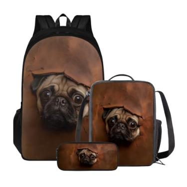 Imagem de Suobstales Mochila com estampa de cachorro Pug para meninos e meninas, mochila escolar leve com compartimentos duplos, conjunto de mochila casual com lancheira e estojo de lápis, conjunto 3 em 1
