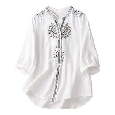 Imagem de Blusa feminina de linho com botões, blusa de algodão, gola V, manga 3/4, bordada, túnica, Branco, M
