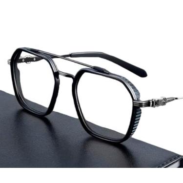 Imagem de Óculos Masculino Sem Grau Para Estética Leitura Armação Hexagonal Grande Preta Com Lentes Planas Transparentes