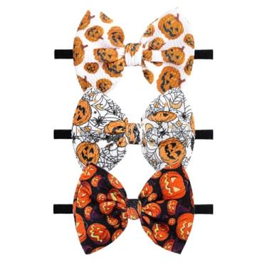 Imagem de Lanmerry Fitas de cabelo de Halloween para bebês meninas com laços para recém-nascidos laranja acessórios de cabelo elásticos de nylon para Halloween, 3 peças