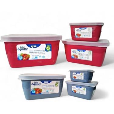 Imagem de Kit 3 Vasilhas Coloridas De Plástico Pote C/Tampa Organização Cozinha Marmita Retangular Empilhável Mantimentos Freezer Microondas (Vermelho)