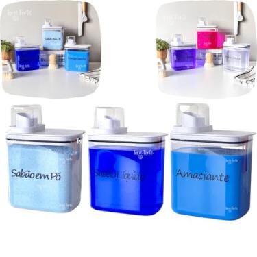 Imagem de Kit 3 Potes Herméticos 1,5 L Copo Dosador Porta Sabão Pó Líquido Amaciante Lavanderia Organizador Mantimentos (Sabão em Pó/Sabão Líquido/Amaciante)