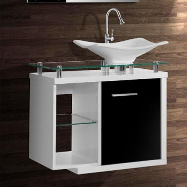 Imagem de Gabinete Toucador Para Banheiro Dama Tampo Em Vidro 64cm Branco E Preto