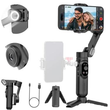 Imagem de AOCHUAN Estabilizador gimbal de telefone de 3 eixos para iPhone 15/14/13 Pro Max Android com rastreamento facial, fios de 1/10.2 cm, luz de preenchimento integrada, gravação de vídeo gimbal portátil