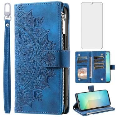 Imagem de Asuwish Capa de telefone para Samsung Galaxy A06 capa carteira com protetor de tela de vidro temperado alça de pulso mandala flor couro flip zíper celular A 06 GalaxyA06 mulheres homens azul