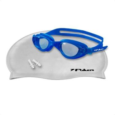 Imagem de Kit Natação Poker Navagio óculos+Touca+Protetor de Ouvido, M, Azul, Ci