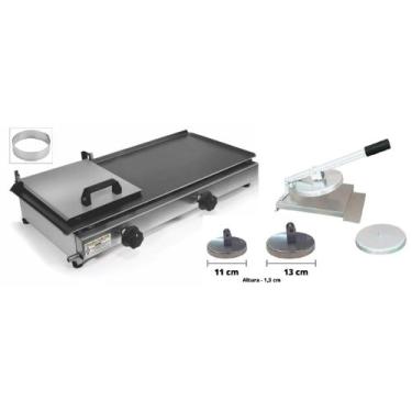 Imagem de Chapa de Lanche 60x30 com Prensa + Modelador Hambúrguer + Anel de Ovo 