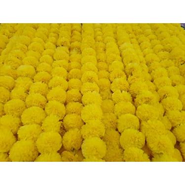 Imagem de DECORATION CRAFT Pacote com 5 guirlandas de flores de calêndula artificial amarelo limão com 5 m de comprimento para festas tema de casamentos indianos e decoração para casa Photo Adereço Festival Diwali