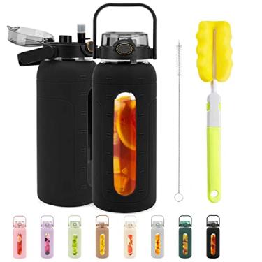 Imagem de tronco Garrafa de água de vidro de 1,8 l com tampa de canudo e marcador de tempo, garrafa de água motivacional grande de 1,8 litro com manga de silicone, jarro reutilizável de 2 L para academia, treino em casa, sem BPA, preto