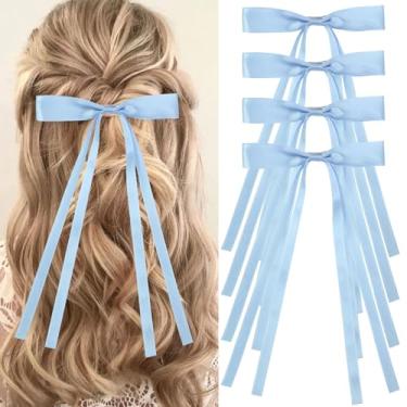 Imagem de Vodolo Laços de cabelo azuis para mulheres, 4 peças grampos de cabelo de laço grande borla laço com cauda longa, laços de cabelo de fita presilhas para cabelo grosso e fino, acessórios de cabelo