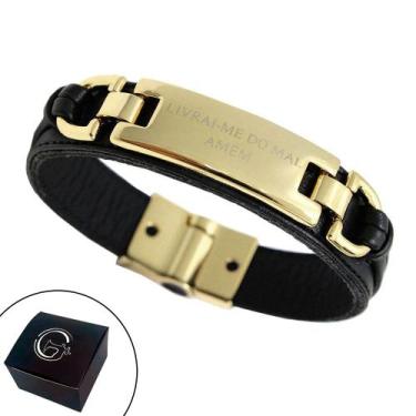 Imagem de Pulseira de Couro Masculina Feminina Livrai-Me Do Mal, Amém  Magnética