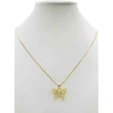 Imagem de Cordão Feminino 1mm Borboleta Cravejada - Banhado a Ouro 18k - ToJoia1