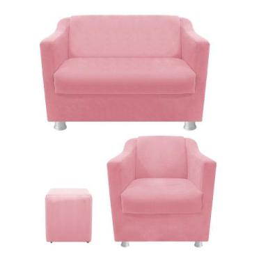Imagem de kit Poltrona, Namoradeira Babel e Puff Banqueta Dado Suede Rosa Bebê -