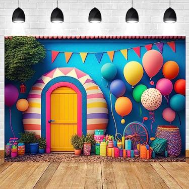 Imagem de Balão colorido cenário de feliz aniversário carnaval infantil decoração de festa de aniversário 3D balão colorido fundo fotográfico recém-nascido crianças chá de bebê pano de fundo bolo esmagamento
