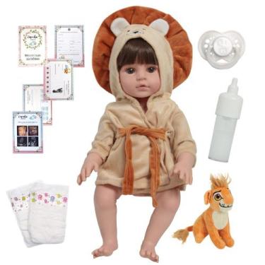 Imagem de Boneco Reborn Masculino Articulado Roupão Leãozinho Fofo - Cegonha Reb